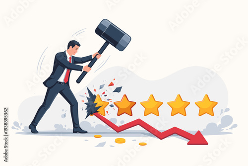 Businessman Smashing Stars with a Mallet for Credit Rating Downgrade, Reputation Loss, Negative Feedback, Financial Score Drop, Economic Crisis, Decreasing Trust, and Business Failure Illustration.