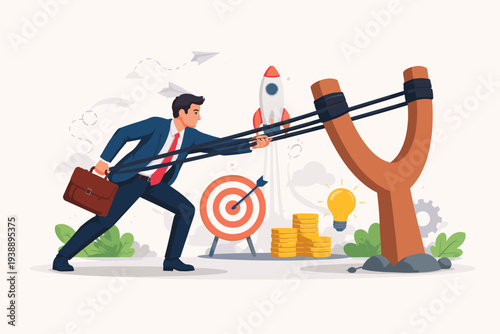Businessman Pulling Back a Giant Slingshot to Launch His Career and Startup Project, Concept of Business Growth, Ambition, Strategy, and Success with Rocket, Target, and Idea Icons Illustration.