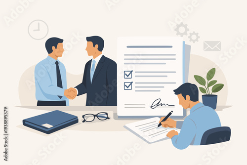 Businessmen shaking hands for successful corporate partnership and employment contract agreement. New employee signing legal document at desk. Professional recruitment and hiring process.