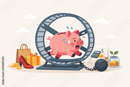 Piggy bank running in a hamster wheel symbolizing financial struggle, debt, and the rat race. Vector illustration of consumerism, overspending, and the difficulty of saving money with high costs.