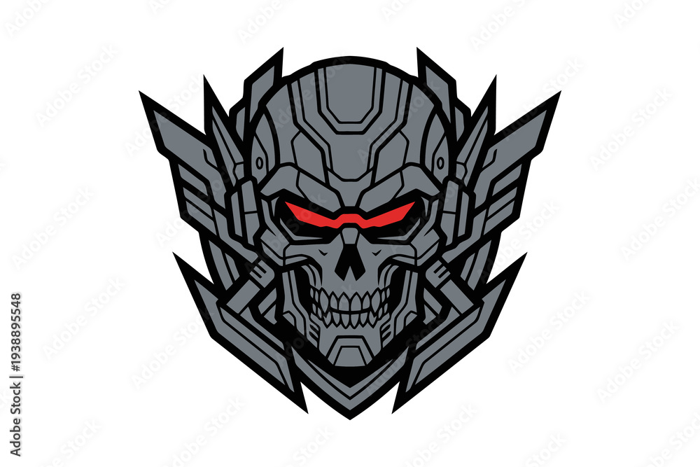 Obraz premium Futuristic cyberpunk skull vector illustration with red eyes and mechanical design elements for gaming logos and emblems online