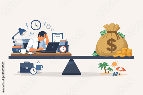 Stressed Businessman Working Hard on Laptop Balanced Against Large Money Bag and Tropical Beach Vacation, Concept of Work-Life Balance, Overtime for Salary, Career Stress and Financial Reward