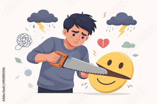 Sad Young Man Cutting a Smiling Emoji in Half with a Hand Saw, Concept of Depression, Mental Health Issues, Loss of Happiness, Negativity, Emotional Struggle, Sadness, and Psychological Distress.