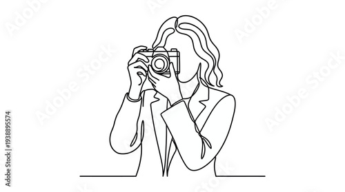 Line drawing of a photographer holding a camera to the eye, minimalist sketch of a female photographer preparing to shoot