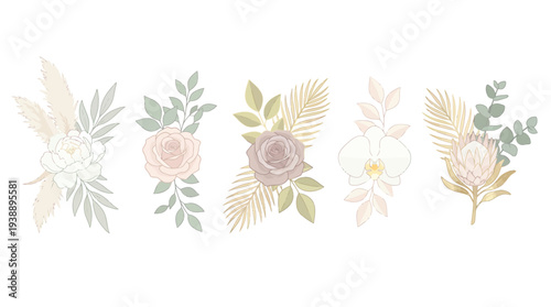 Pastel watercolor floral bouquets with soft leaves and greenery - delicate botanical illustration set for invitations, decor, and design projects