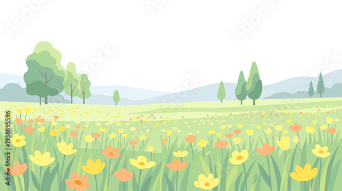 Vibrant meadow of yellow flowers stretching across rolling hills under a bright blue sky, a peaceful countryside illustration