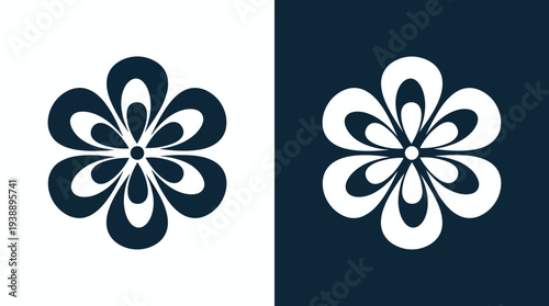 Two-tone circular flower logo with symmetric rounded petals, shown in light-on-dark and dark-on-light versions