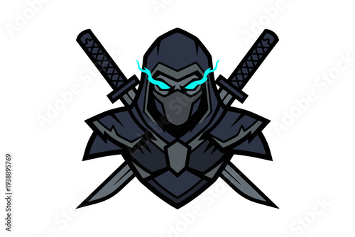 Modern ninja warrior vector illustration with crossed swords and glowing eyes for gaming and martial arts designs