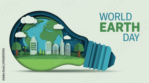 Earth inside light bulb with cityscape and trees on world earth day for eco friendly concepts