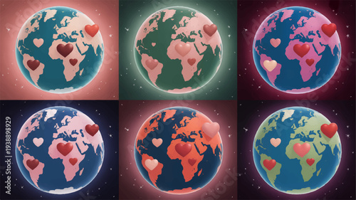 Multiple earth globes with hearts in space backgrounds representing love and care for the planet in a colorful and vibrant illustration