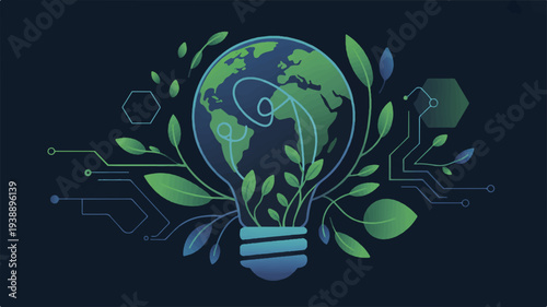 Eco friendly innovation concept with green light bulb and leaves on dark background symbolizing sustainability