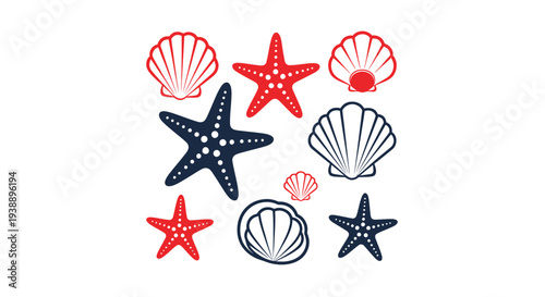 Nautical Starfish and Seashells Collection, Red, Blue, White Vector Icons