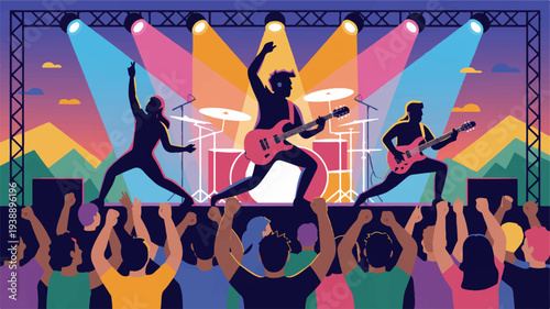 Music festival with band performing on stage and crowd enjoying live concert with colorful lights