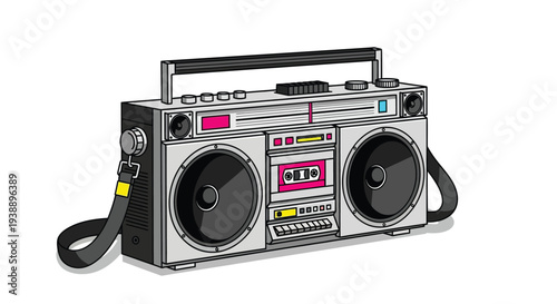 A vintage boombox illustration with a cassette player and antenna