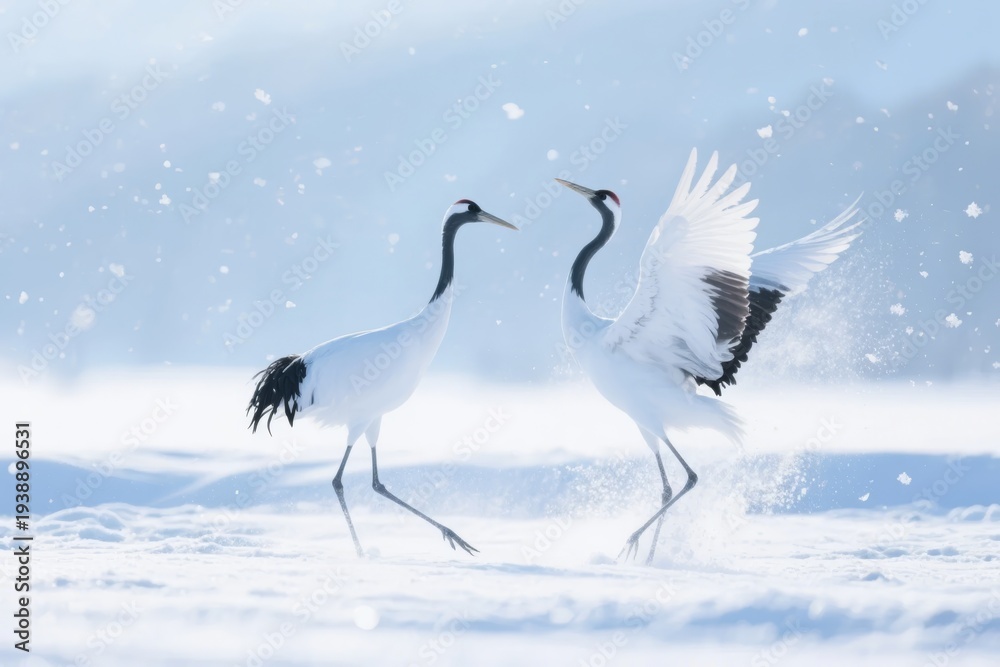 Fototapeta premium Two white cranes dancing in the snow during winter
