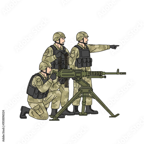 Military team operating heavy machine gun, tactical training, army soldiers with weapon