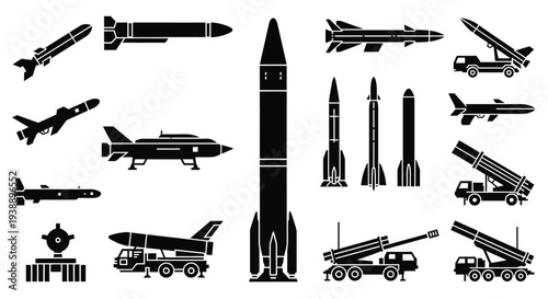 Black silhouettes of various missiles rockets and military vehicles
