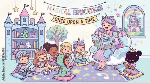 Childrens Story Time Fantasy Castle Unicorn Dragon Illustration