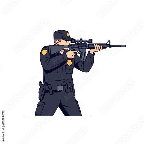 Police Officer Aiming Rifle with Scope, Tactical Training, Law Enforcement