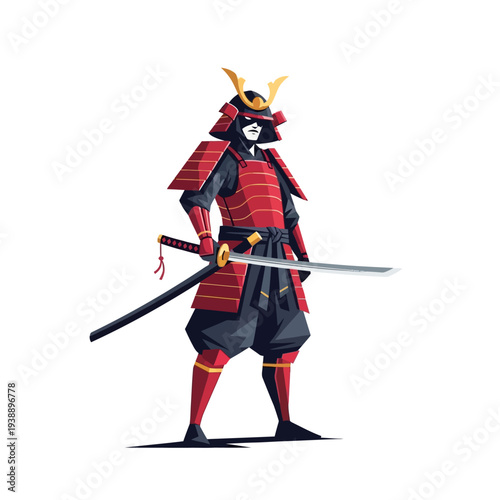 Samurai Warrior in Red Armor with Katana Sword, Japanese Warrior