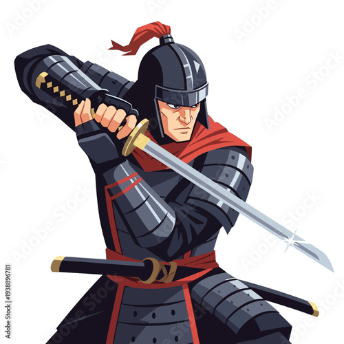 Samurai Warrior in Armor with Katana Sword, Ready for Battle