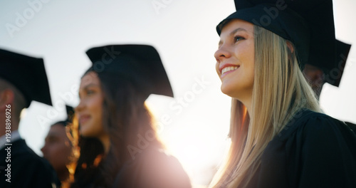 Tableau sur toile Graduation, happy and group of students with high school goal, achievement or award celebration