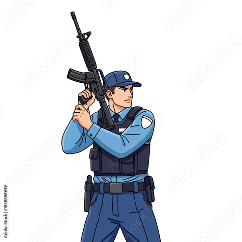Security Guard with Rifle, Tactical Vest, and Cap, Alert Stance