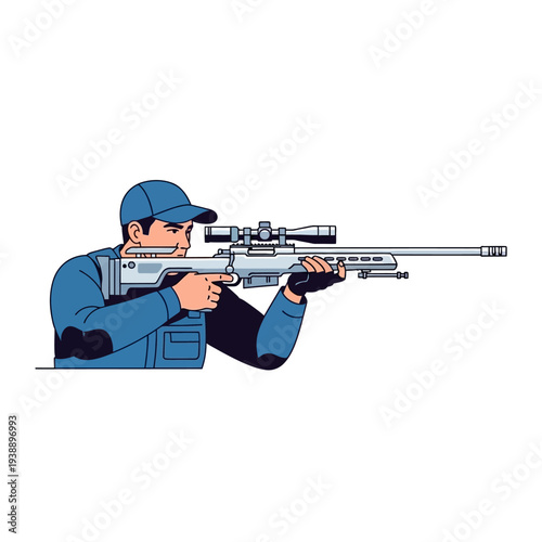 Sniper aiming rifle with scope, military or police operative, precision shooting, tactical gear