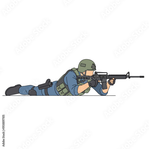 Soldier aiming rifle in prone position, tactical gear, military, combat, training, defense, army
