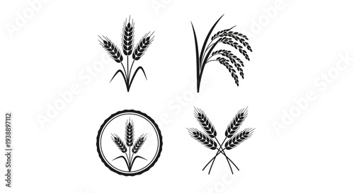 Minimal wheat and rice silhouette vector set featuring agriculture design variations including wheat stalk, rice plant with grain clusters, circular wheat emblem badge, and crossed wheat symbol.