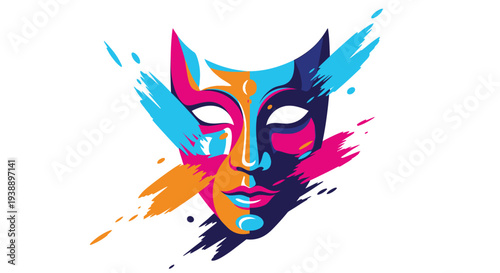 A colorful abstract venetian mask with brushstroke effects and a face