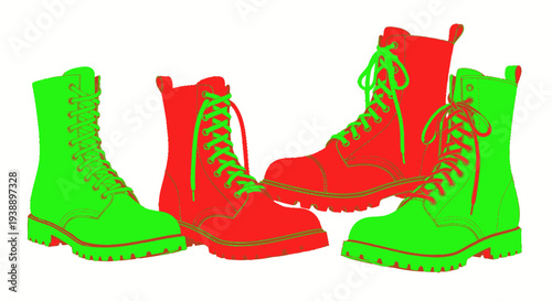 Vibrant Red and Green Combat Boots, Pair of Lace-Up Military Style Footwear