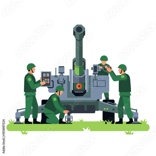 Military artillery crew operating a howitzer gun on a grassy field
