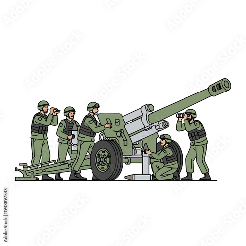 Military artillery crew operating a large cannon during training exercise