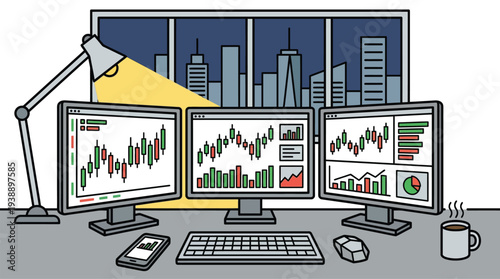 A professional trading desk setup with multiple monitors displaying financial charts and a city skyline at night.