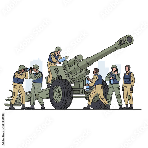 Military Crew Operating Artillery Cannon in Urban Environment