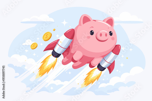 Cute pink piggy bank flying with rocket boosters in the sky with gold coins, representing fast financial growth, high investment returns, wealth accumulation, and successful business savings.