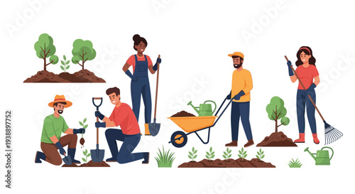 Community volunteers cheerfully planting trees and gardening together outdoors