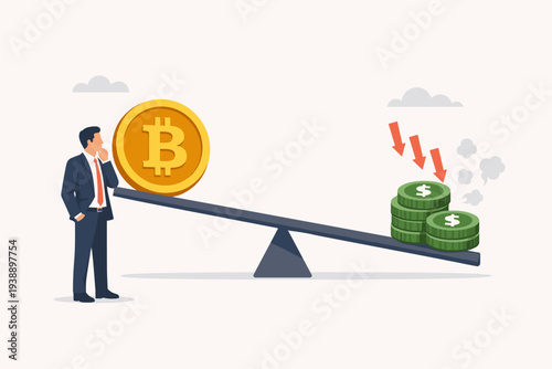 Businessman comparing Bitcoin and dollar on a seesaw, showing cryptocurrency as a store of value against fiat money inflation and devaluation, financial investment and wealth concept vector.