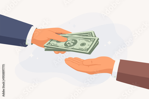 Hand Giving Cash Money to Another Person for Loan, Debt Payment, or Bonus. Business Financial Transaction Concept with Dollar Bills, Credit, Lending, and Investment Vector Illustration Design