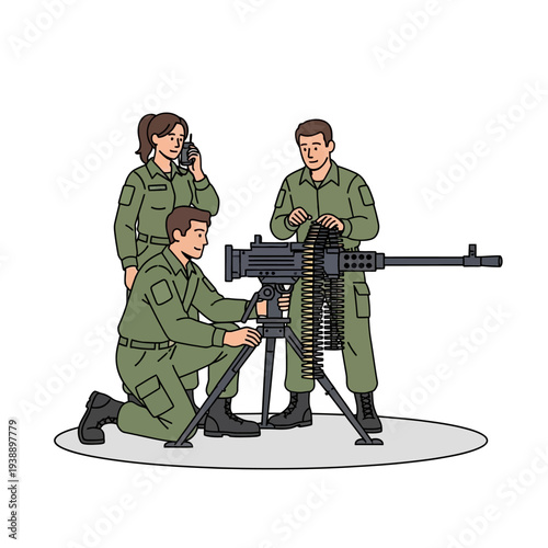 Military personnel operating heavy machine gun with ammunition belt