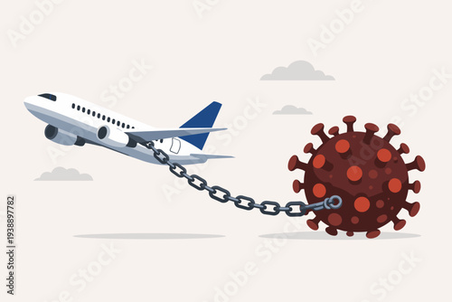 Impact of Coronavirus COVID-19 Pandemic on Global Airline Industry and Travel Sector Illustration: Airplane Chained to Virus Symbolizing Financial Crisis, Bankruptcy, and Flight Restrictions.
