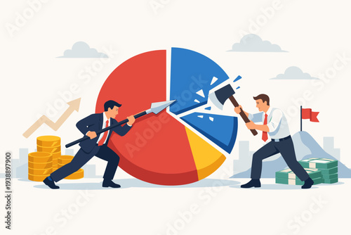 Businessmen fighting for market share with spear and axe, corporate competition battle to gain more industry sales percentage, pie chart division and profit growth strategy concept illustration