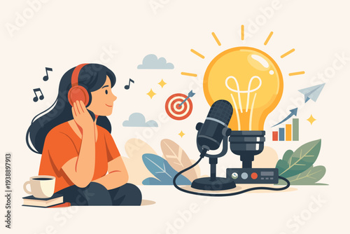 Woman Listening to Motivational Podcast for Inspiration and Career Growth, Creative Idea Light Bulb, Success Strategy, Self Improvement, Professional Development, Business Education Illustration