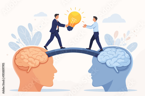 Conceptual illustration of knowledge transfer and idea sharing between employees walking on a bridge connecting two human brains, featuring a glowing light bulb for innovation and teamwork skill.