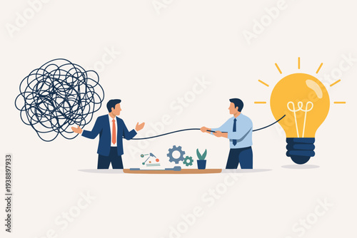 Businessmen Simplifying Complex Problems and Finding Creative Solutions Concept with Tangled Mess and Glowing Light Bulb Representing Innovation, Logic, Clarity, and Strategic Thinking Process