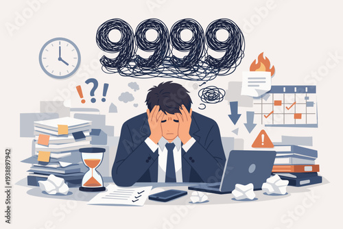 Overwhelmed businessman sitting at desk with heavy workload, deadlines, and uncompleted tasks. Concept of work stress, burnout, anxiety, and mental exhaustion in a busy office environment.
