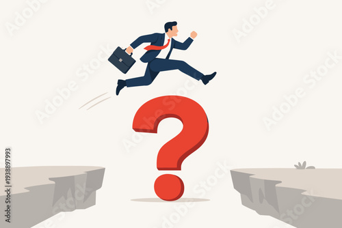 Businessman in suit jumping over a huge red question mark gap between two cliffs, representing overcoming business challenges, finding solutions to hard problems, ambition, and career growth.