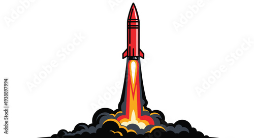 A retro style rocket ship launches with a fiery trail of exhaust