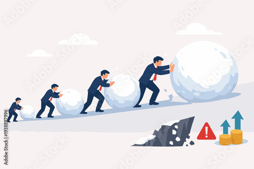 Businessmen Pushing Growing Snowballs Uphill Representing the Snowball Effect, Compounding Growth, Financial Success, and Potential Risk or Mistake in a Corporate Strategy Vector Illustration.